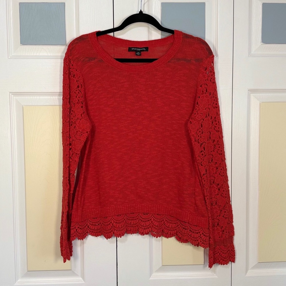 Sharagano Womens Red Lace Sleeve Knit Sweater Scalloped Hem Crew Neck Large